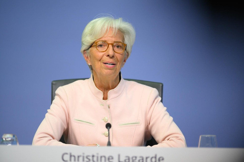 Frankfurt 16 07 2020 A presidente Christine Lagarde, do Banco Central Europeu, discursa durante a conferência de imprensa do BCE  — Foto: Martin Lamberts / Banco Central Europeu