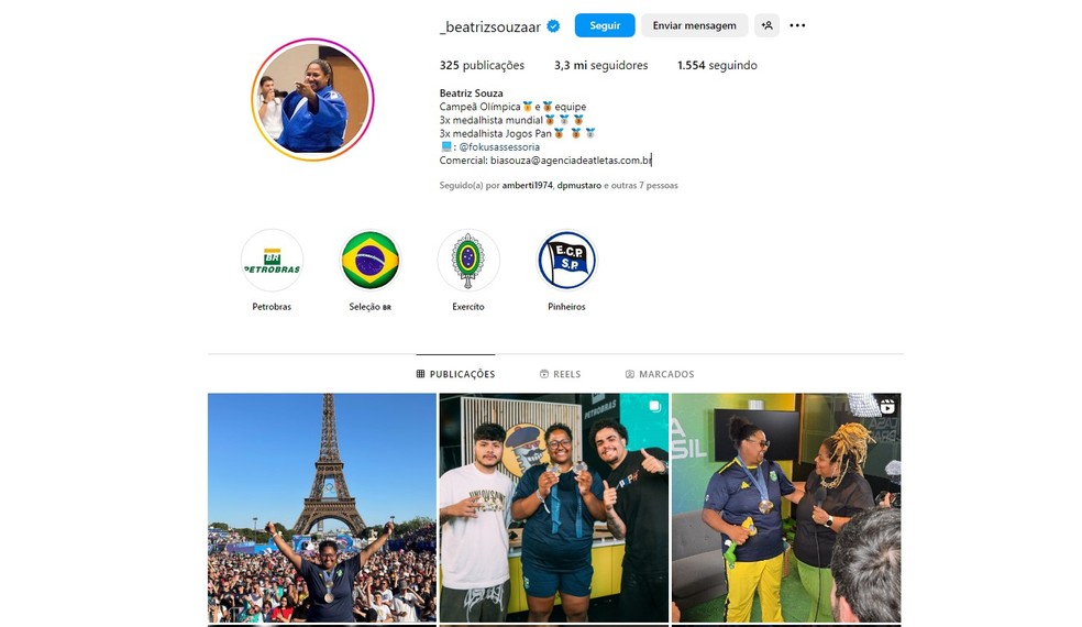 Lista de seguidores de Beatriz Souza, ouro e bronze no judô em Paris, não para de crescer — Foto: Reprodução/Instagram